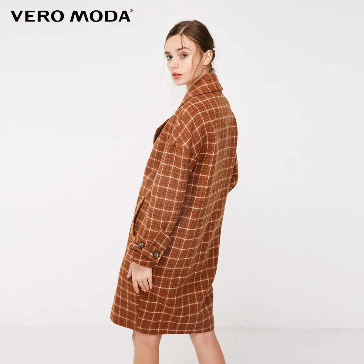 Зимнее длинное шерстяное пальто в клетку с отворотом Vero Moda | 318327551|Пальто|