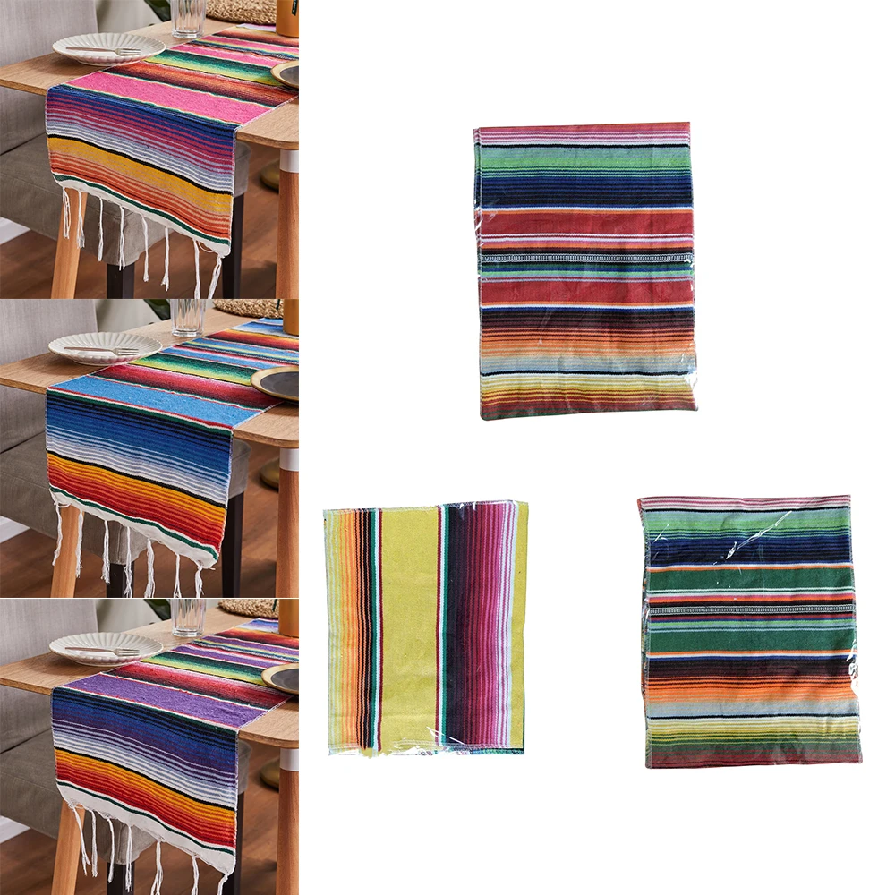 

Colorful Mexican Serape Table Cover Runner Fringe Cotton Tablecloth Fiesta Party Dinner Decor