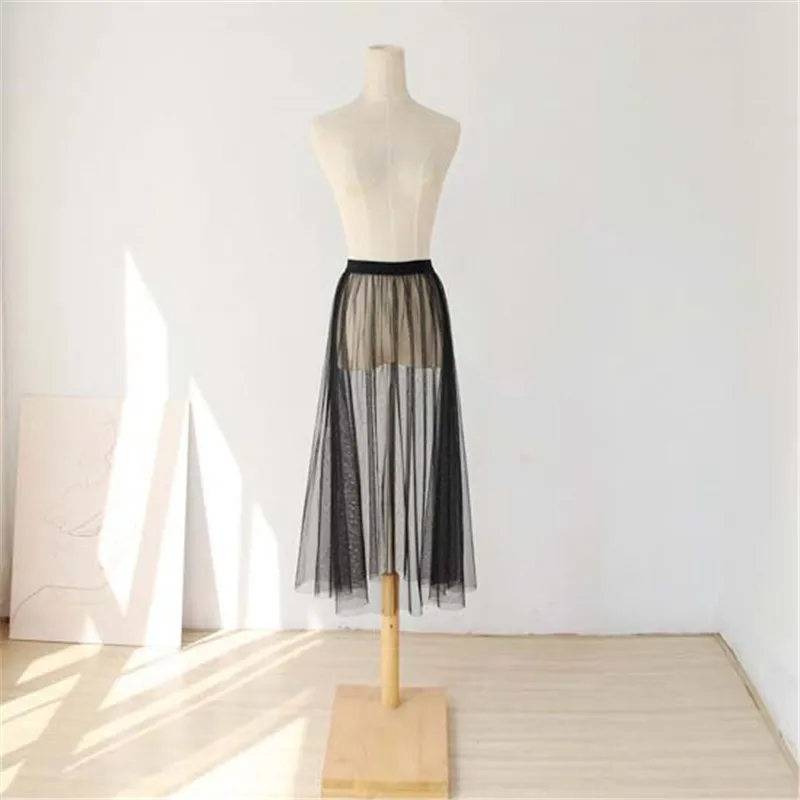 Single layer Mesh Skirts Women Autumn Winter Midi Skirts Casual Perspective Transparent Outer Wear Skirt Overskirt 271 - Цвет: Черный