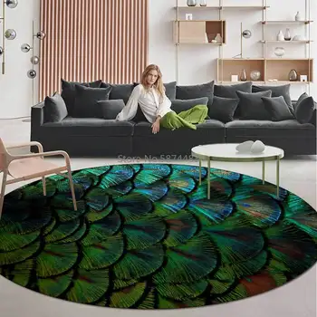 

Fashion Retro Dark Green Feather Stitching Living Room Bedroom Hanging Basket Chair Round Floor Mat Carpet
