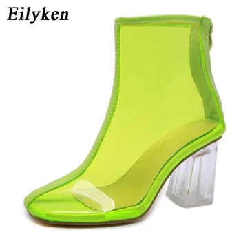 

Eilyken 2020 New Spring/Autumn Women Boots PVC Transparent Crystal heel Square Toe Boots Zipper Sewing Square heel Chelsea Boots