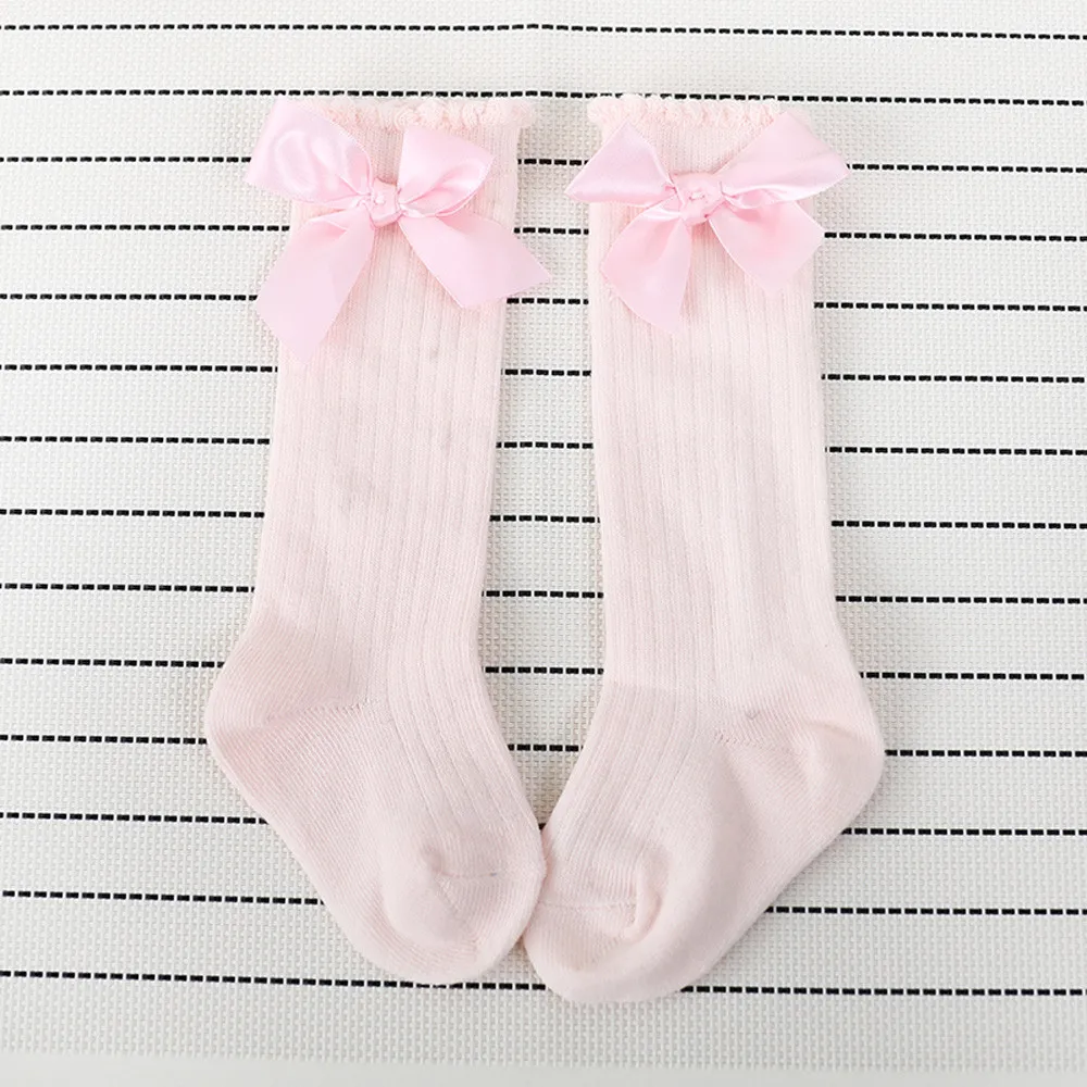 Носки для новорожденных девочек; сезон осень-зима; длинные мягкие хлопковые кружевные детские носки с большим бантом;#0