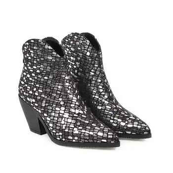 

2019 New Spring/Autumn Sexy Golden Bling Gladiator Women boots Shoes Zipper High Heels Square heel Pointed Toe Western boots