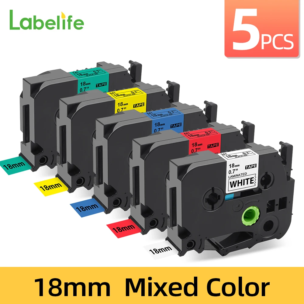 

5PCS Label Tape 18mm Mutiple Colors Compatible for Brother P-touch Printer Black on White Laminated Tapes tze241 tze441 tze641