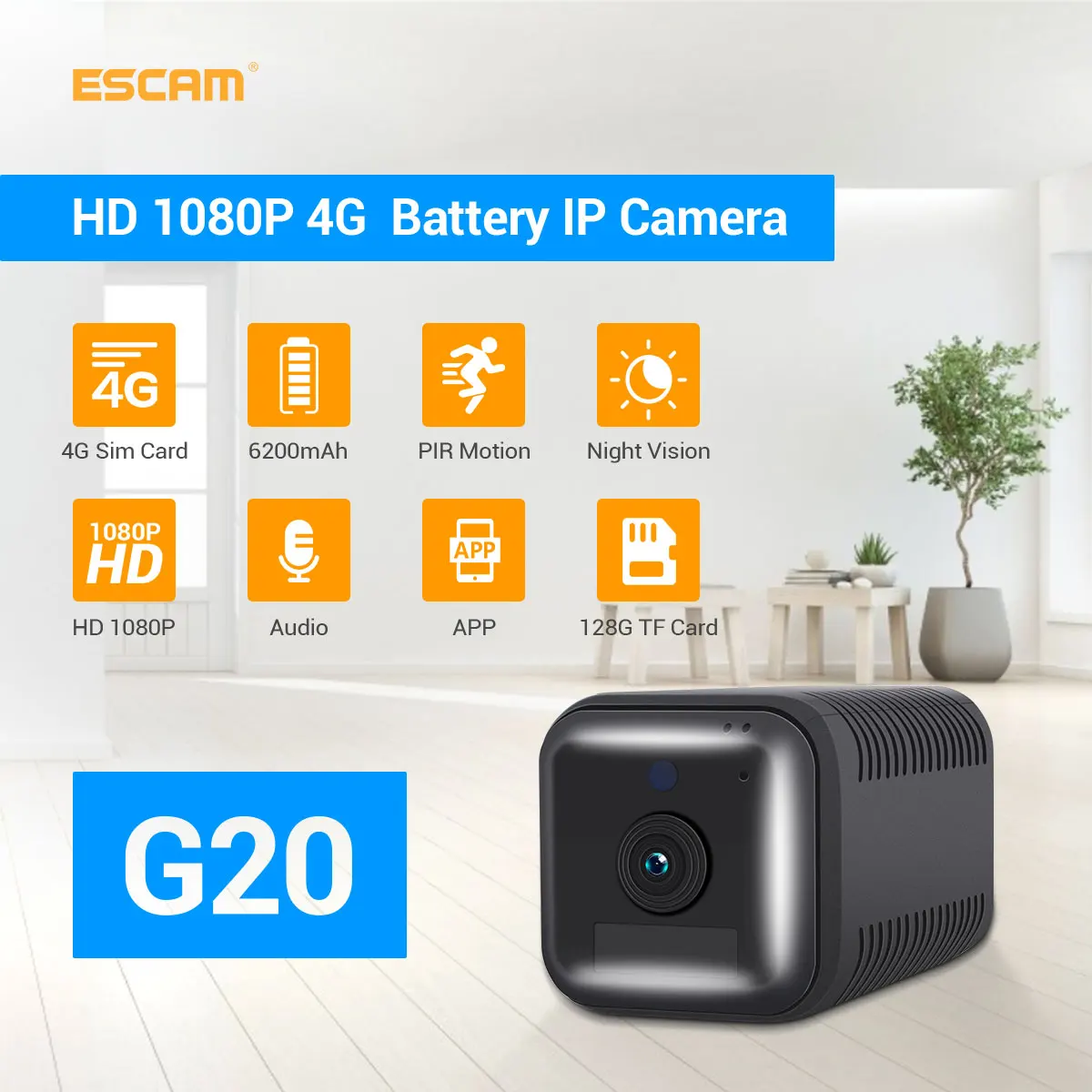 ESCAM G20 2MP 1080P Full HD Rechargeable Battery  PIR Alarm 4G life Sim Camera for Euro Country Security CCTV Monitor, 