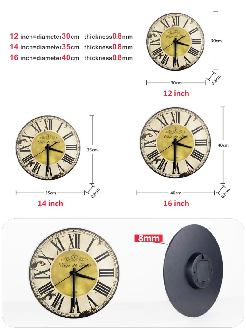 HQ Antique Simple Design Big Round Wall Clock Watch Silent Home Cafe Office Bar Kitchen Wall Large Decorative vintage Wall Clock