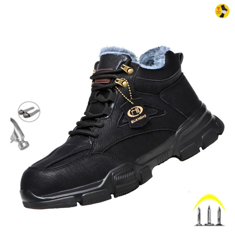 

Winter Warm Snow Boots Black Indestructible Steel Toe Work Boots Safety Anti-Smashing Ankle Boots Protective Leather Shoes