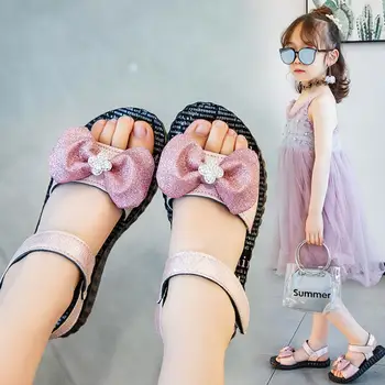 

Hot Summer Kids Beach Shoes For Girls Princess Soft Leather Sandals With Flower Fashion Little Big Girls Sandals Students shoes