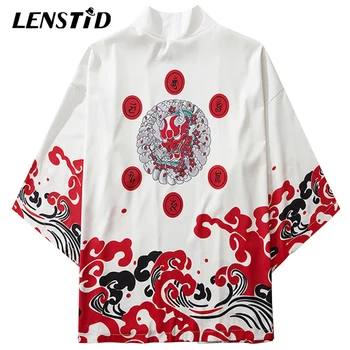 

LENSTID Harajuku Ukiyoe Ghost Print Japanese Kimono Jacket 2020 Hip Hop Men Streetwear Loose Jackets Summer Thin Clothing White