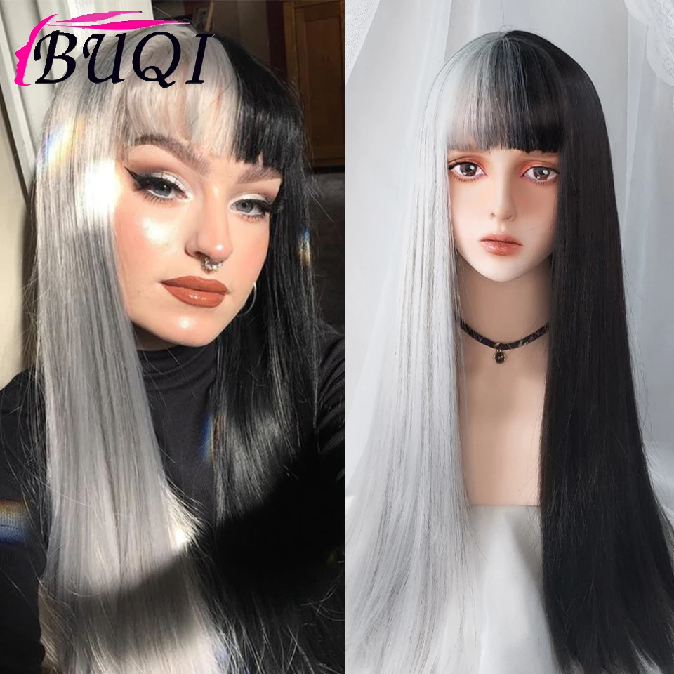 

BUQI Long Straight Black White Wig With Bangs Synthetic Wigs For Women Yellow Pink Blue Heat Resistant Lolita Cosplay Wigs