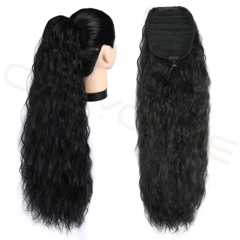 

COSYCOE 24 inch Water Wave Synthetic Ponytail Black Long Curly Ponytail with Drawstring 2 Clips