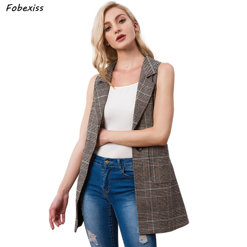 

Vest Women Plaid Sleeveless Blazer Woolen Long Office Lady Plus Size Jacket Slim Elegant WaistCoat 2019 Autumn Casual Woman Vest