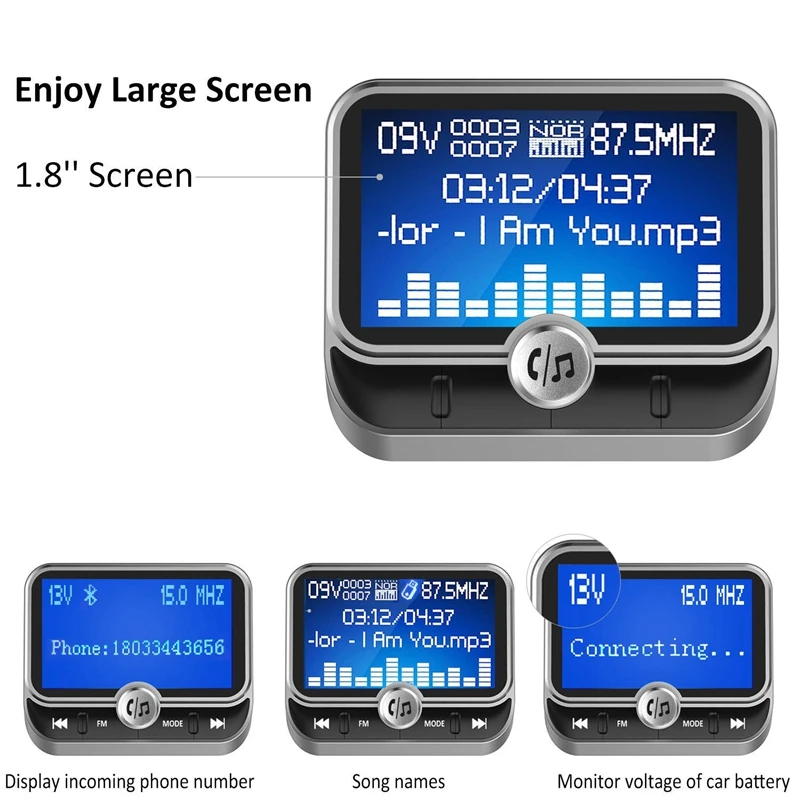 Bluetooth Fm Transmitter, Wireless Radio Adapter Stereo Music Player 1.8 Inch Lcd Display With Dual Usb Charging Ports, Supports