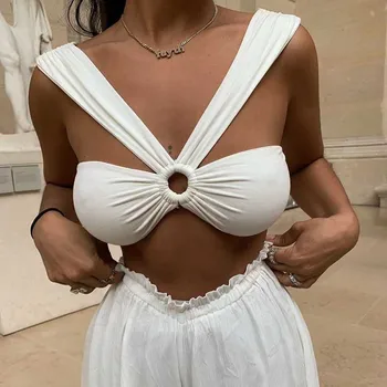 

CHRONSTYLE Sexy Summer Tank Vest Slim Solid Color Sling Chest Circle Front Hole Bra Bralette Crop Low Chest Wild Tops Party wear
