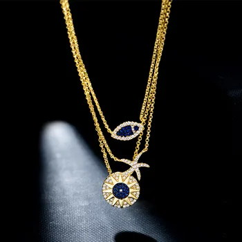 

AAA Fashion Tropical Ocean Wind Three Layer Sterling Silver Chain Necklace Small Fish Starfish Necklace For Women
