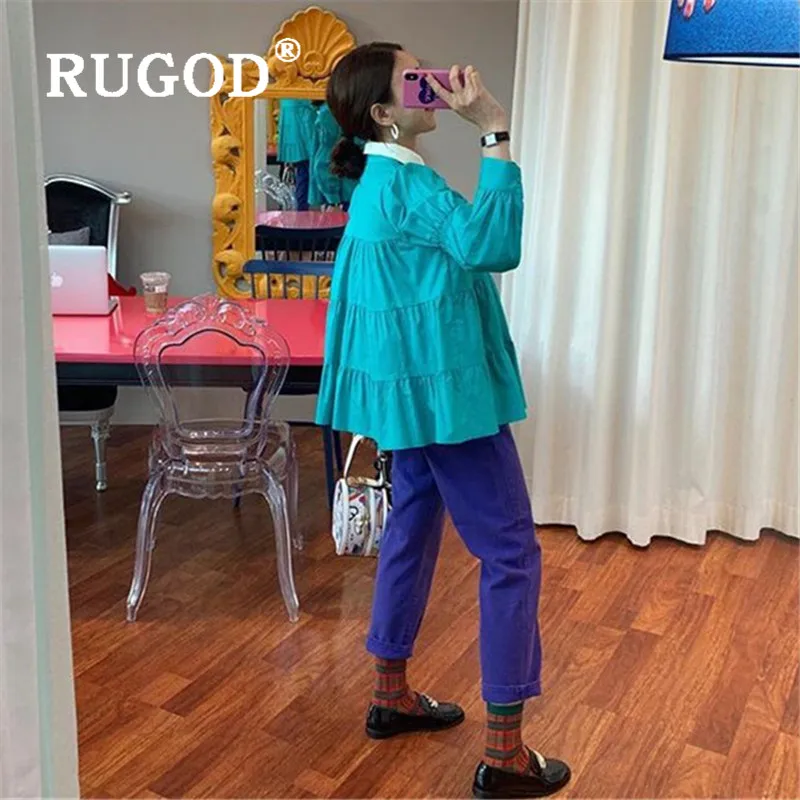 RUGOD корейский стиль Kawaii свободная однобортная блузка с отложным воротником Женская плиссированная Милая кукольная рубашка Мода