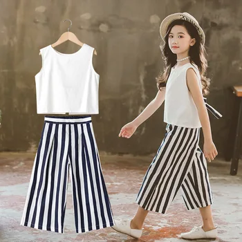 

2020 Summer Girls Casual Clothing Sets Children Sleeveless Tops+Stripes Wide-leg Pants Outfits 2Pcs Kids Outfits 8 10 12 14 Year