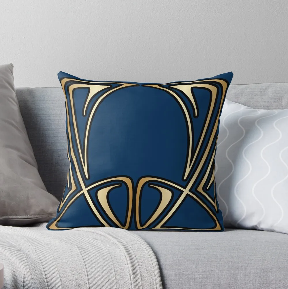 

art nouveau,vintage,floral,belle époque,elegant,blue,gold,art deco,modern,trendy Throw Pillow Pillow Case Polyester