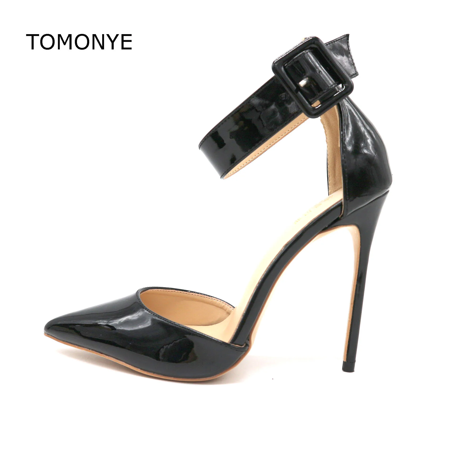

Free shipping black patent leather pointed toe open in the middle ankle strap with buckle women 12cm high heel shoes sandal
