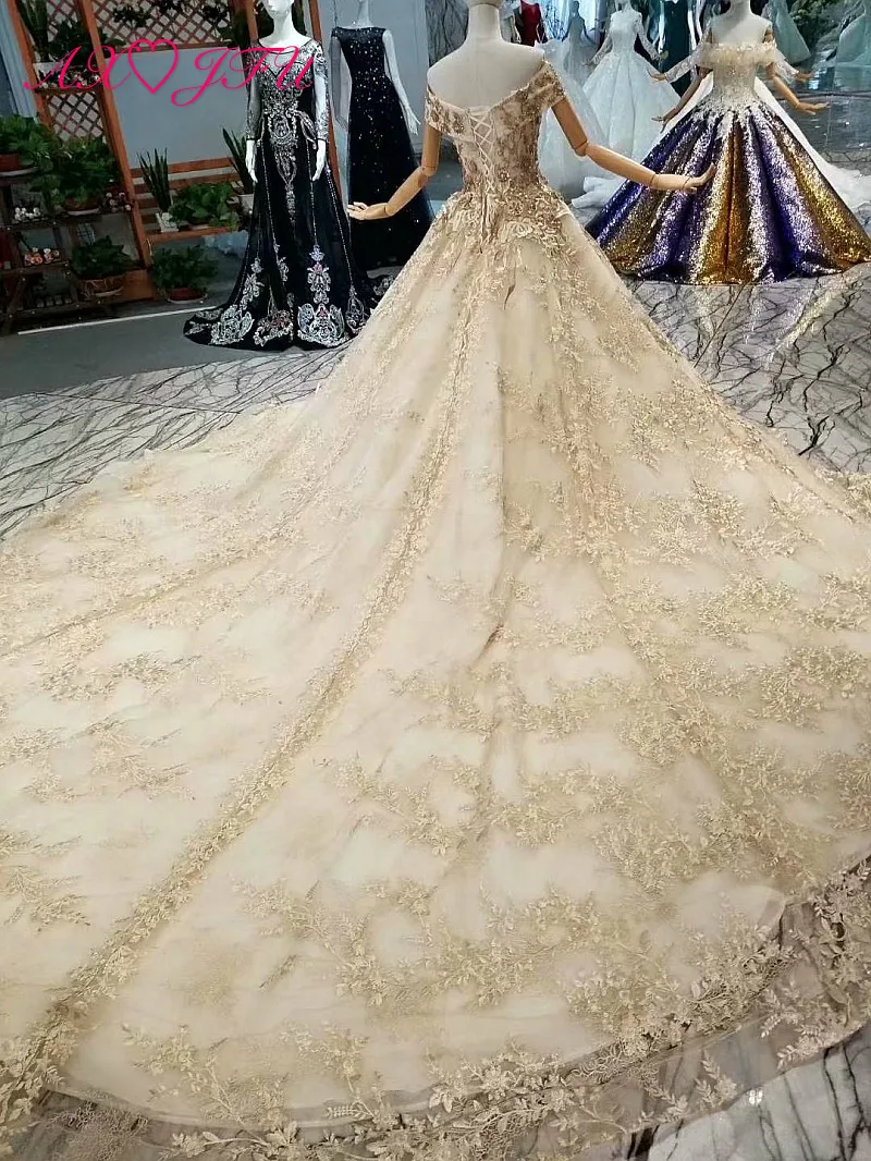 AXJFU роскошное Золотое кружевное свадебное платье принцессы с цветами винтажное свадебное платье с бисером и кристаллами настоящая фотография 57780