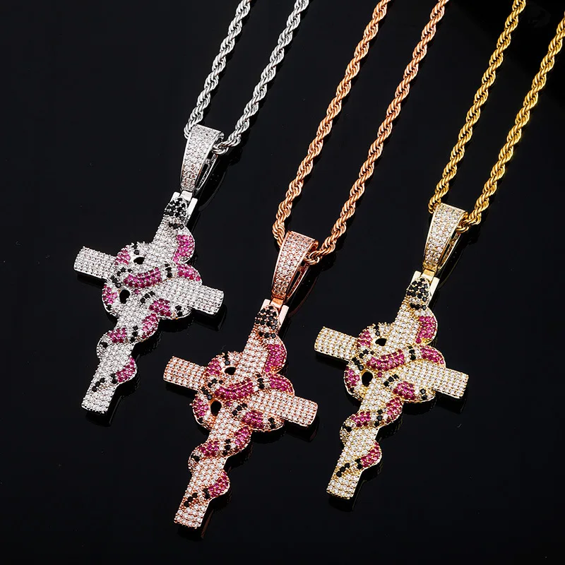 

Zciti New Snake Winding Cross Pendant Necklace Iced Out Cubic Zirconia Pendant Christmas Halloween Hip Hop Jewelry Gifts
