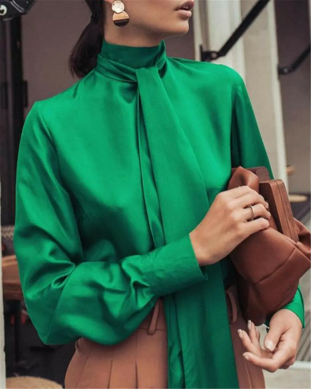 

Women Satin Blouse Fashion High Neck Ribbon Tie Shirt Soft Silk Long Sleeve Shirts Office Lady Pullover Female Top camisas mujer
