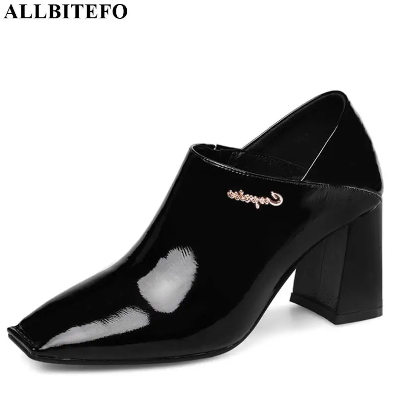 

ALLBITEFO natural genuine leather square toe high heel shoes concise brand spring autumn fashion women shoes high heels