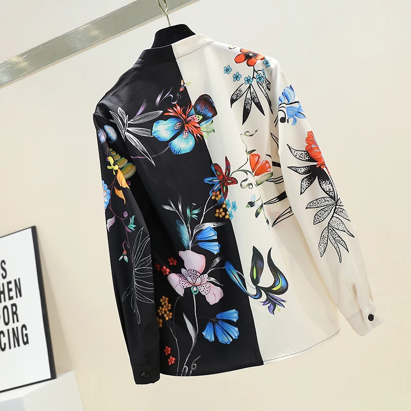 Spring 2020 New Retro Print Blouse Woman Slim-Fit Color Block Printed Stand-Collar Shirt Blouses Long-Sleeve Shirt Tops Female - 4.00068E+12