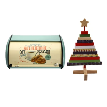 

NEW-Vintage Bread Box Storage Bin Rollup Top Light Blue & Christmas Tree Pendants Xmas Tree Mini Rotating Wooden