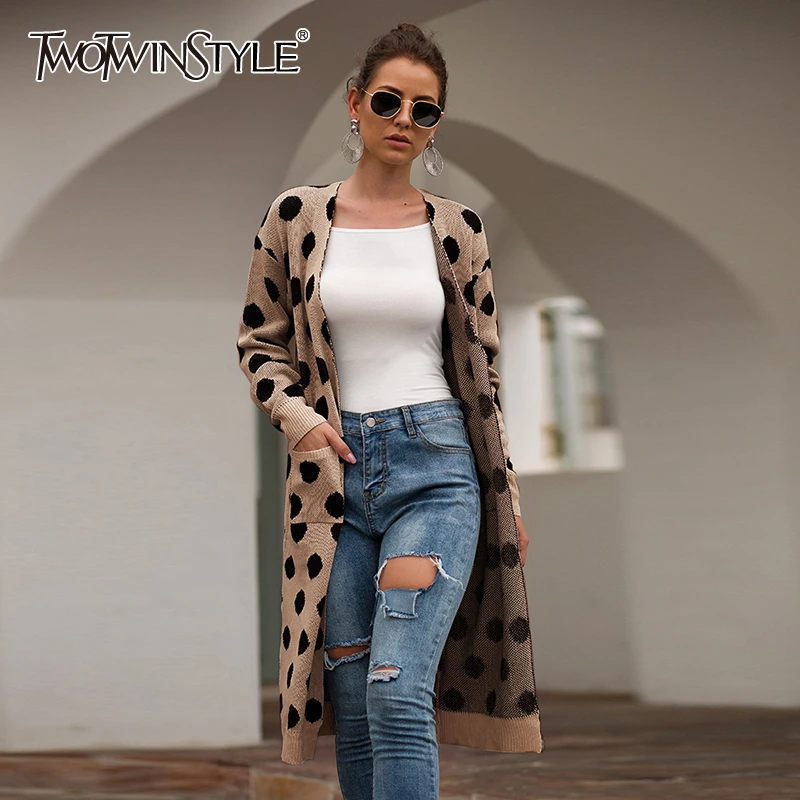 

TWOTWINSTYLE Polka Dot Knitted Women's Sweater V Neck Open Stitch Autumn Knitting Long Sweaters Female 2019 Fashoin Clothing New