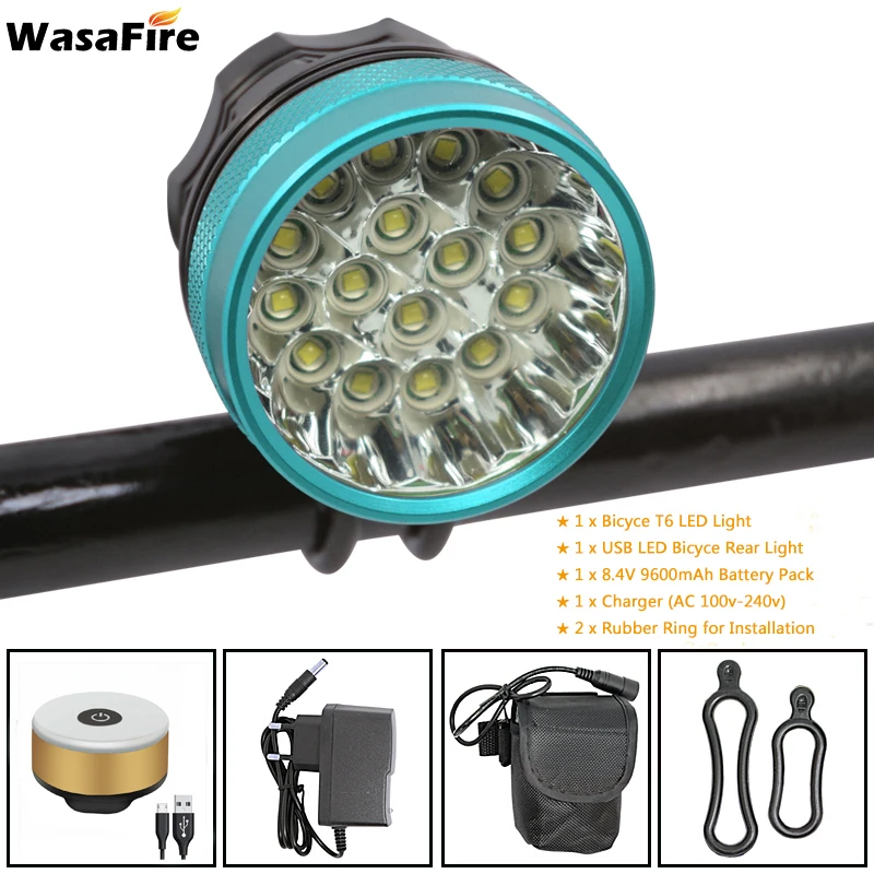 WasaFire 16* XML-T6 светодиодный велосипедный передний светильник, лампа для ночной езды на велосипеде, мигающий светильник+ Предупреждение безопасности, USB велосипедный задний светильник s - Цвет: blue gold taillight
