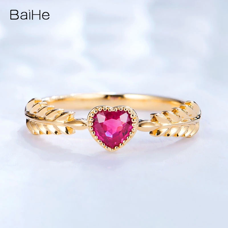 

BAIHE Solid 14K Yellow Gold Certified 0.30ct Heart Cut Natural Ruby Engagement Wedding Women Fine Jewelry Gift Heart Ruby Ring