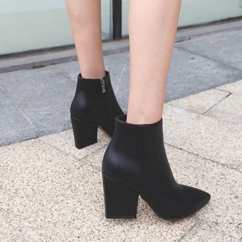 Taoffen Women High Quality Pointed Toe High Heels Ankle Boots Office Ladies Sexy Zipper Shoes Woman Motorcycle Boots Size 32-43