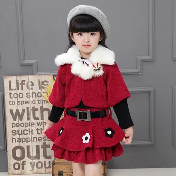 

Girls Fashion Printed Fur Collar Woolen Cloth Set 2019 Autumn And Winter Hot Selling Young Children Western Style Princess Skirt