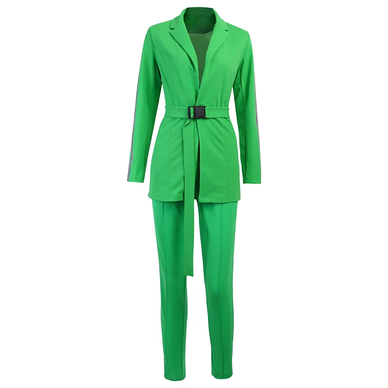 green Светоотражающий Блейзер и брюки в стиле пэчворк, комплект из 2 предметов, Осень-зима, женская уличная одежда, спортивный костюм, офисный Женский блейзер, костюм - Цвет: green