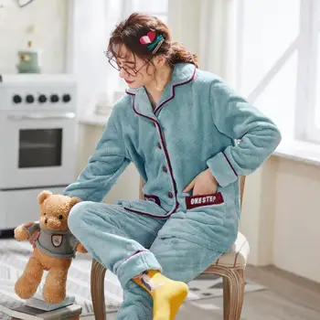 

2019 New Winter Pajamas For Women Sleepwear Cute Cartoon Flannel Cartoon Pajamas Set Velvet Warm Pyjama Homewear