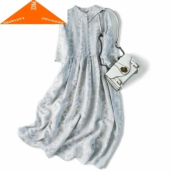 

Women Real Silk Slim Long Summer Dress Elegant Spring Clothes 2020 Vintage Blue Party Dresses Vestidos Verano A0259
