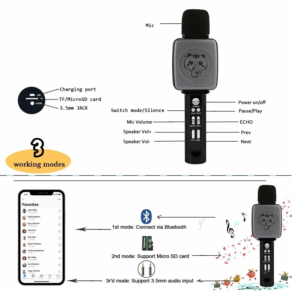 Дети Bluetooth караоке микрофон беспроводной микрофон профессиональный Динамик ручной плеер для вокала, с рекордером микрофон подарки