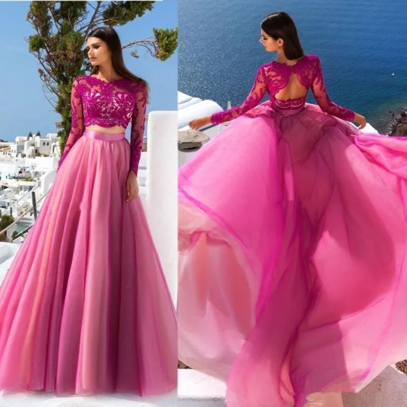 

Elegant Fuchsia Two Piece 2020 Prom Dress Long Sleeves Lace Tulle Sheer A Line Evening Dresses Party Gown Formal Pageant Wear