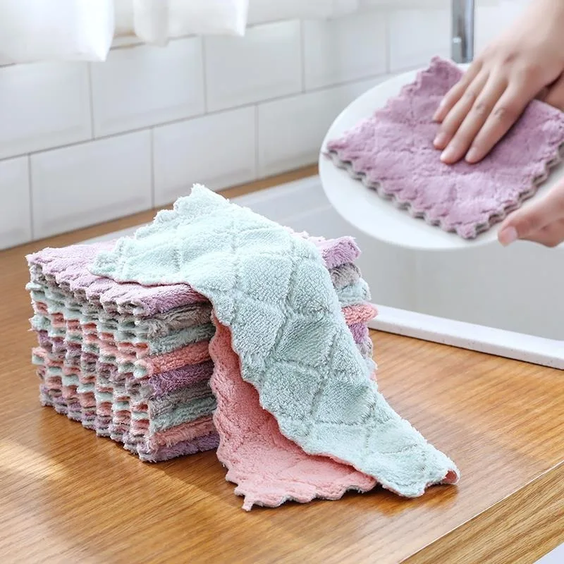 

5PCS/Set Kitchen Coral Fleece Towel Cloth Not Contaminated with Oil Double Printing Dish Double-Sided Absorbent Cleaning Cloth