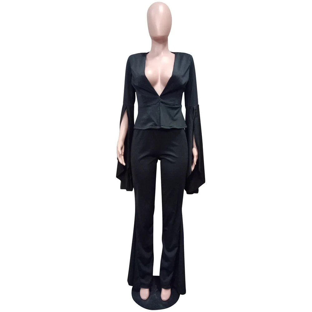 black S-3XL горячая Распродажа, женские костюмы с отворотом, модные Необычные большие свободные рукава+ брюки-колокольчики, желтые, черные, темпераментные офисные женские костюмы из двух предметов - Цвет: black
