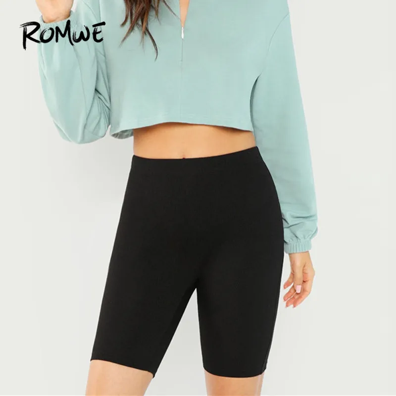 Romwe спортивные трикотажные обтягивающие велосипедные шорты, одежда для активного отдыха, однотонные женские шорты для бега,, черные леггинсы для фитнеса и тренировок, шорты