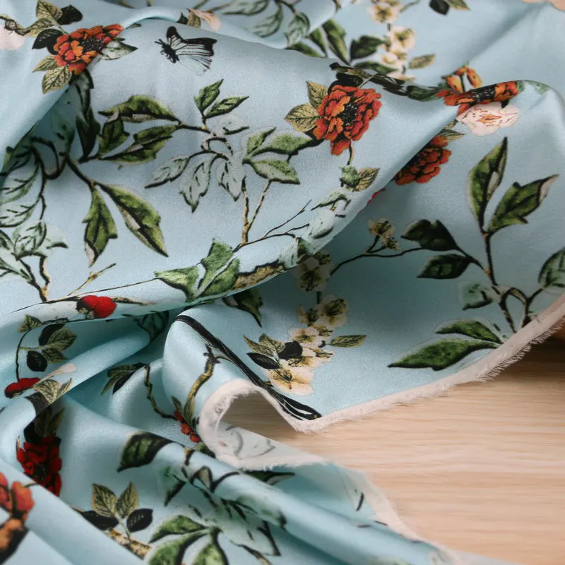 Шелковые Сатиновые Ткани с принтом садовых цветов, шелк тутового шелкопряда tissus со стрейч, сделай сам, материал для шитья, женская одежда