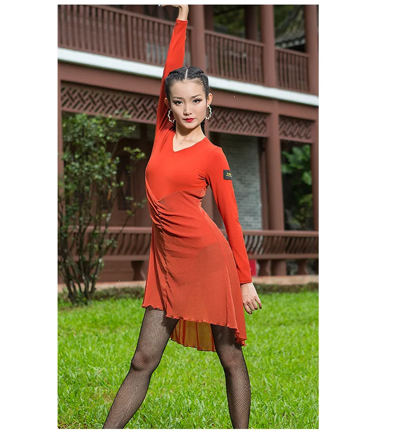Latin Dance Dress Female New Sexy V-Neck Long-Sleeved Bodysuit Dresses Practice Ballroom Samba Women'S Training Clothing DWY2486