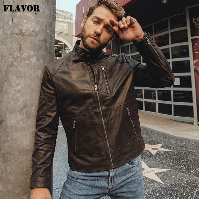 New Men’s Pigskin Real Leather Jacket Motorcycle Jacket Classic Coat with Stand Collar