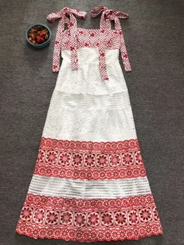 

Top Quality New 2020 Summer Long Party Women Bow Shoulders Allover Luxurious Embroidery Sleeveless Long Maxi Dress Vestidos