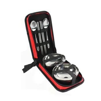 

7PCS/Set Stainless Steel Tableware Travel Outdoor Picnic Portable Double-Layer Thermal Insulation Tableware Set(Random Color)