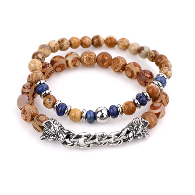 New Arrival High Quality Unique Design Natural Stone Stainless Steel Chain Wolf Charm Beaded Men Jewelry Elastic Bracelet Set