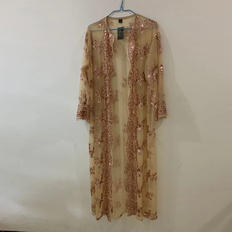 Beige cardigan Сетка блесток абайя кимоно кардиган хиджаб мусульманское платье Абая для женщин халат кафтан Дубайский кафтан марокаин исламский халат одежда - Цвет: Beige cardigan