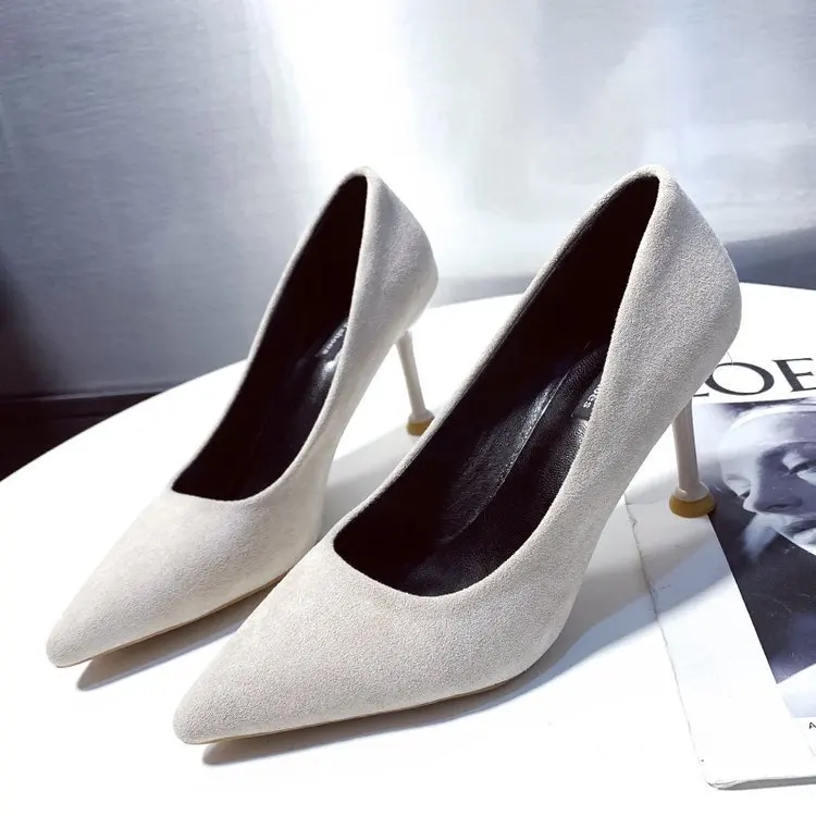 

Navy Blue Women Synthetic Suede High Heels Pointed Toe Slip On OL Ladies Stiletto Pumps Fashion Wedding Shoes Zapatos De Mujer